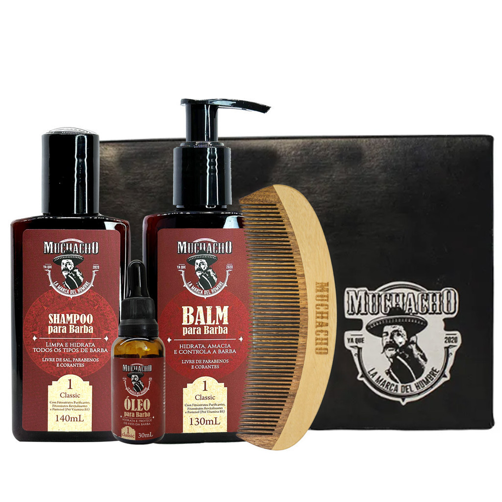 Kit Shampoo para Barba + Balm para Barba + Oleo para Barba - Muchacho Classic Frasco + Pente de Madeira Muchacho Curvo