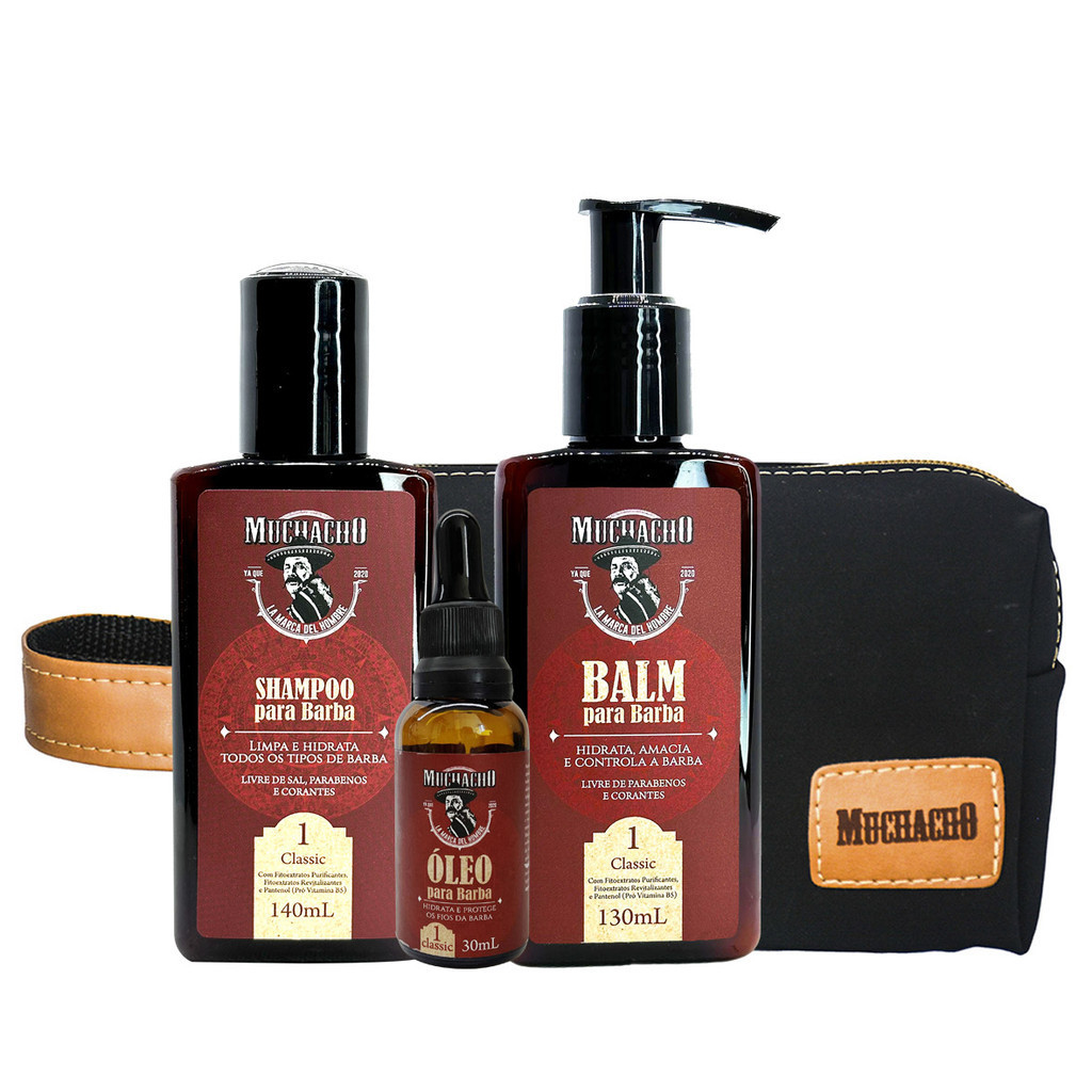 Kit Shampoo+Balm+Óleo para Barba Muchacho Classic+Necessaire Muchacho Cancun - Kit Completo para uma barba perfeita