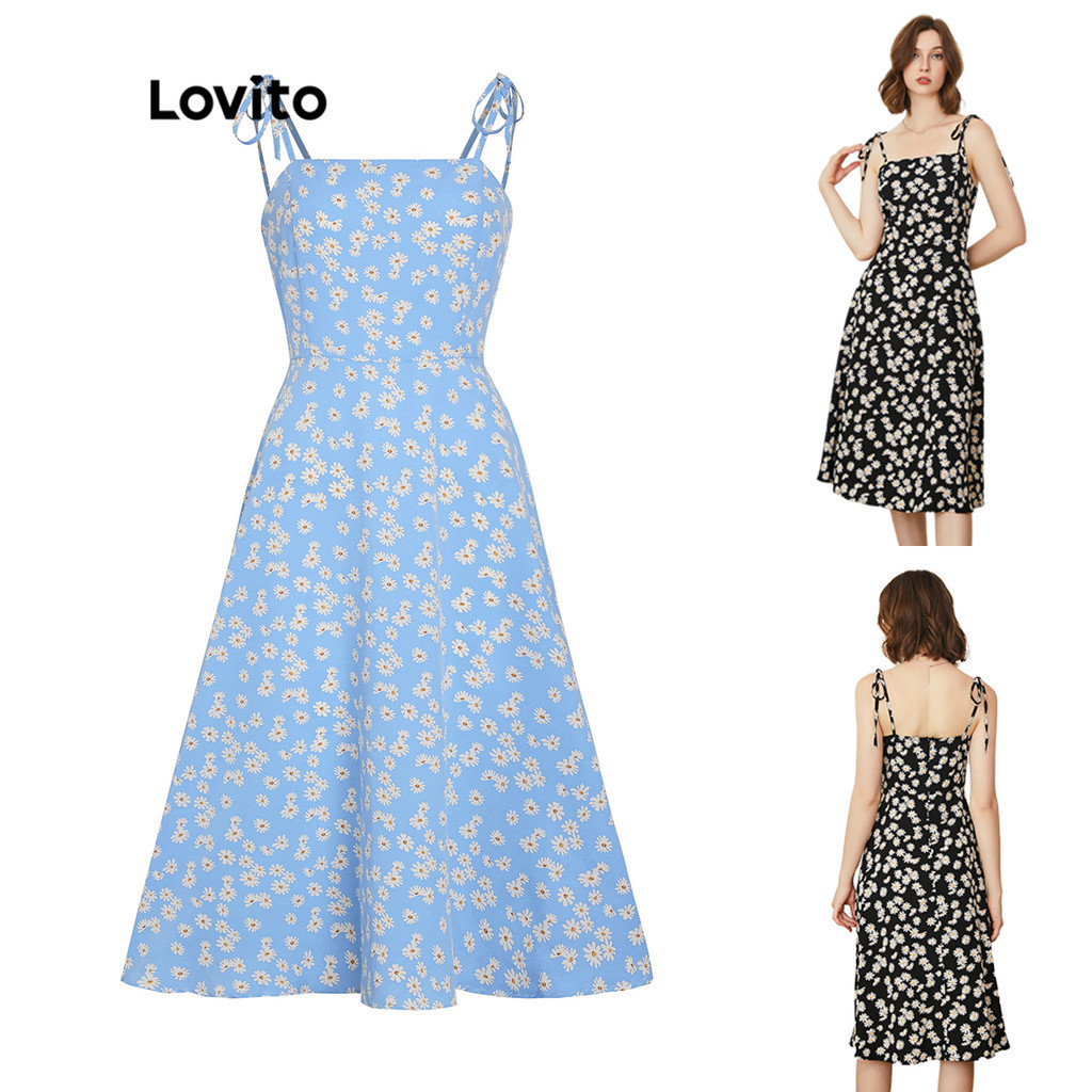 Lovito Vestido Casual Florido com Suspensórios L24AD135 (Preto)