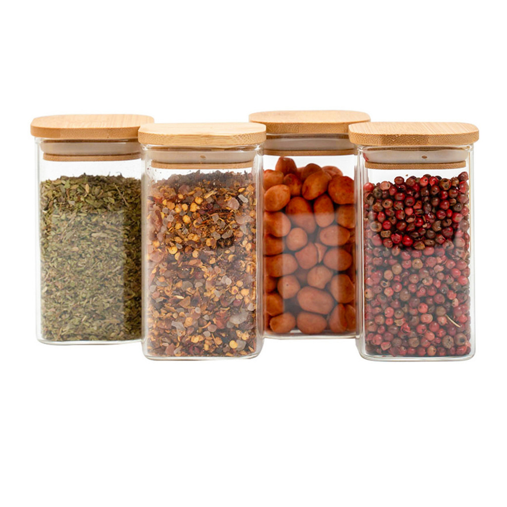 Kit 4 potes de vidro 250ml tampa de bambu herméticos quadrados - Tud em Oferta na Shopee