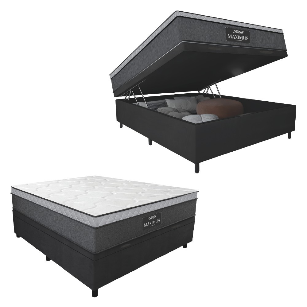 Cama Box Baú Casal Colchão Gazin Maximus Molas Ensacadas 138x188x65cm Cinza / Preto - Supo...