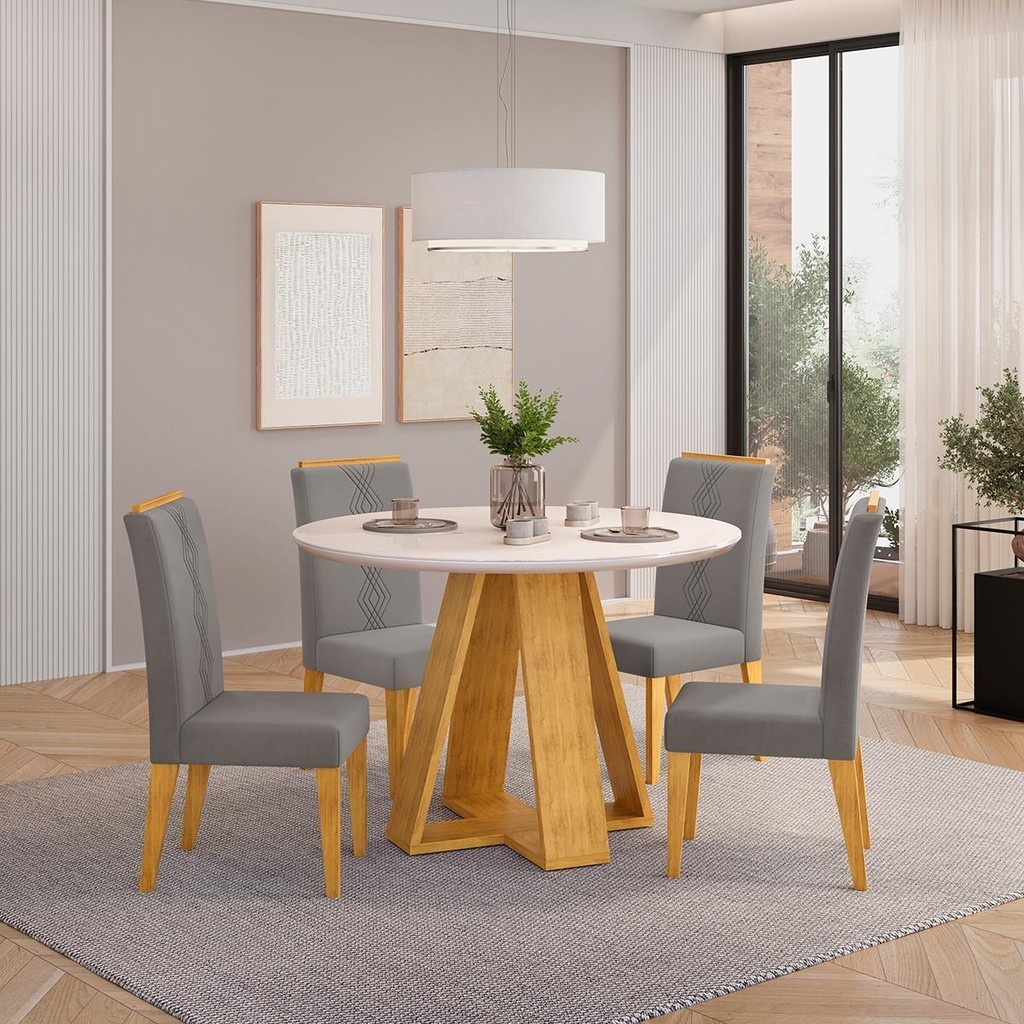 Conjunto Sala de Jantar 4 Cadeiras Tampo Redondo DJ Móveis Kiara Cedro Yasmin Veludo Lunar em Oferta na Shopee