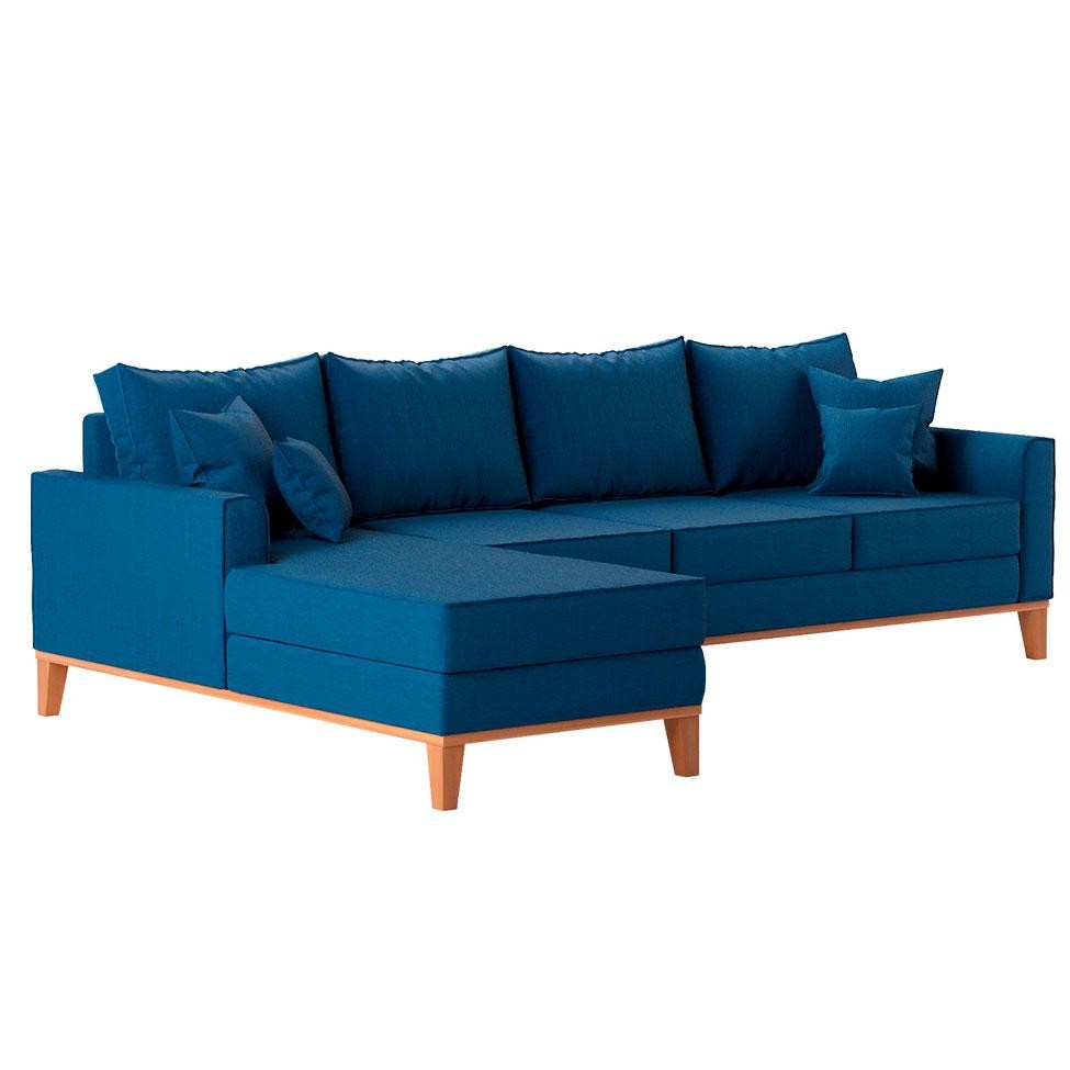 Sofá 4 Lugares Beny Com Chaise Esquerdo Linho Azul Marinho