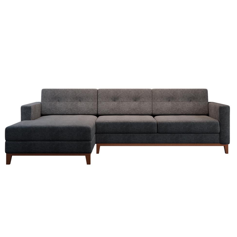 Sofá 3 Lugares Living com Chaise Esquerdo Pés e Base em Madeira Linho Cotton Grafite - Home & Living