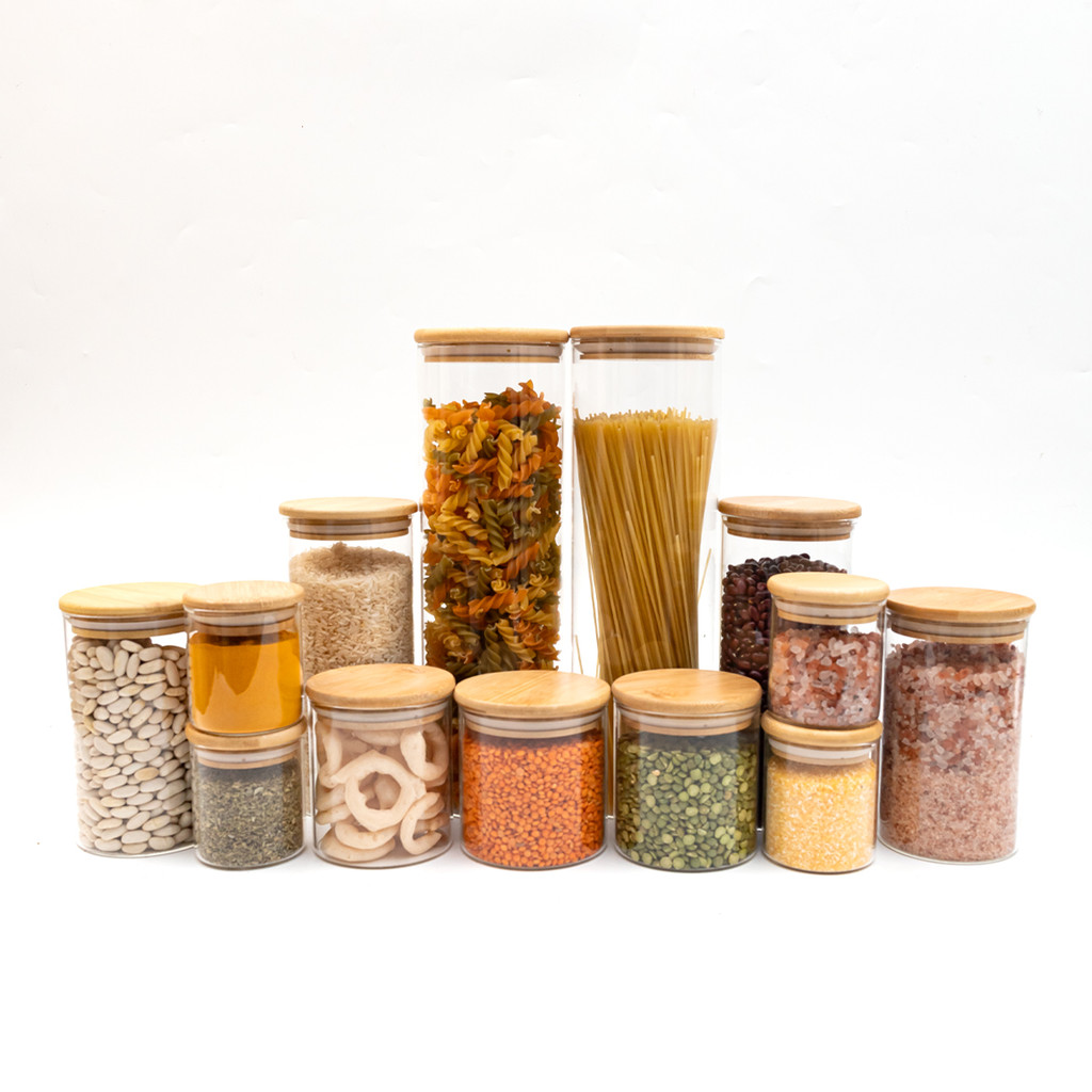 kit com 13 potes de vidro tampa de bambu herméticos redondos mantimento - Oikos - Home & Living