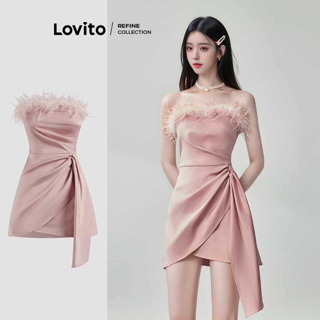 (Lovito Refine) Vestido Fofo Vestido Plissado De Penas Lisas Para Mulheres LR1AD019 - Women Clothes