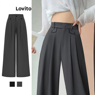 Lovito Calça Casual Simples Com Bolso Falso E Botão Drapeado Para Mulheres L76AD098