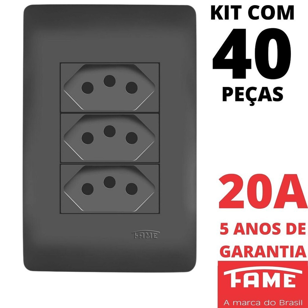 40un Tomada Padrão Tripla 2P+T 20A Com Placa Habitat Black Preto FAME