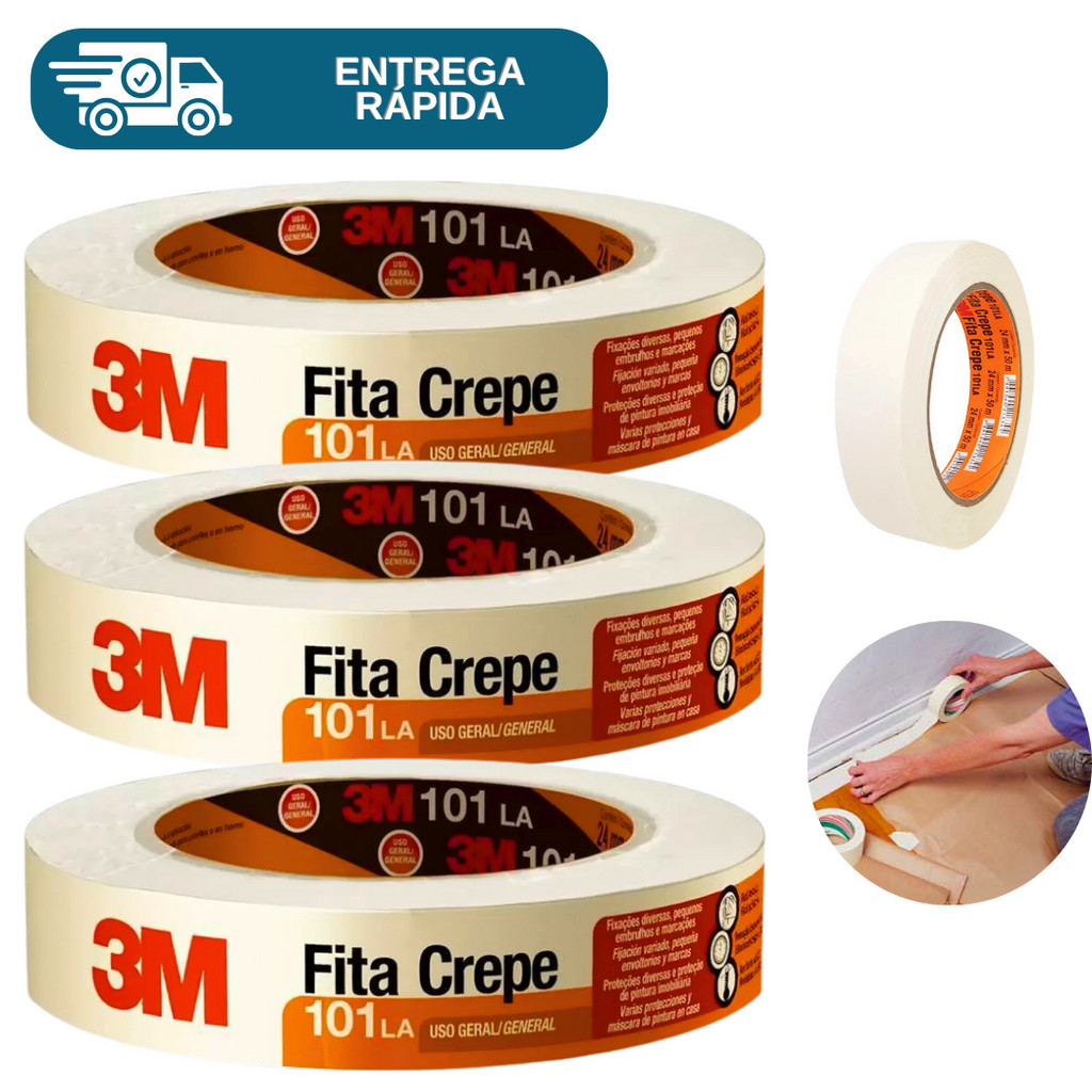 Kit 3 Fita Crepe Branca 3M 101LA 50 Metros - 18mm 24mm e 48mm Uso Geral Adevisa Marcação Paredes em Oferta na Shopee