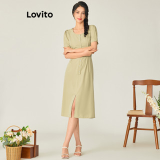 Lovito Casual Vestido Feminino Liso Plissado com Botão L71ED243 (Verde)