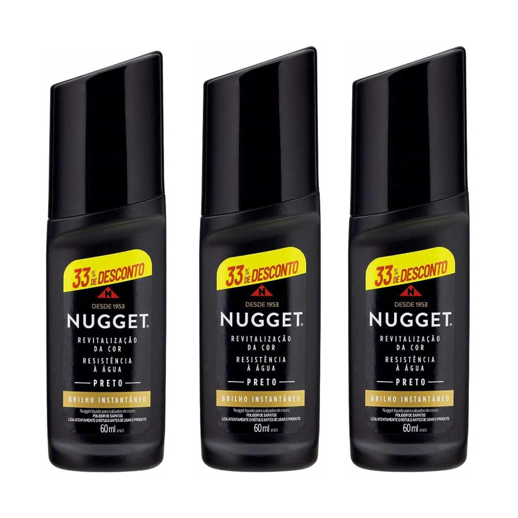 Kit com 3 Nugget Líquido Polidor de Sapato Preto 60ml