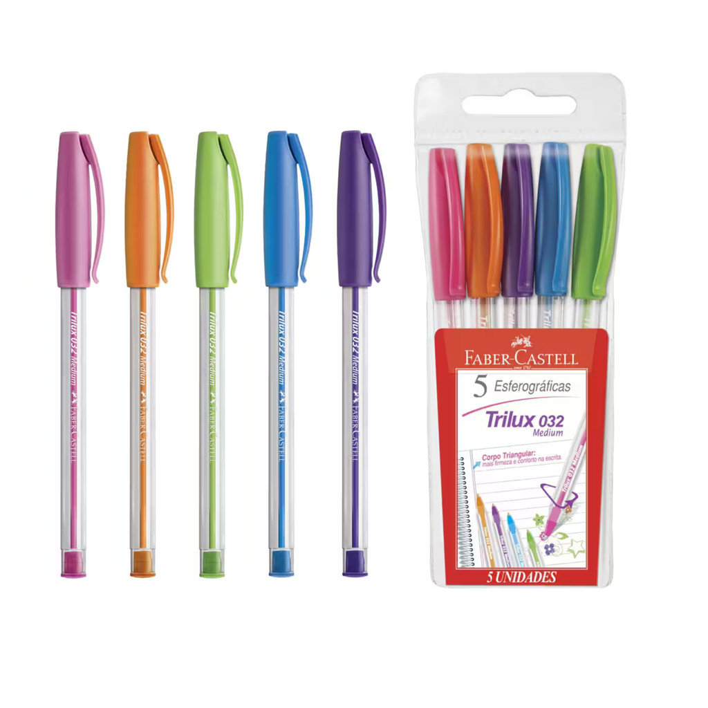 Kit 5 Canetas Esferográfica Trilux032 Medium Cores Vibrantes Corpo Triangular Faber-Castell