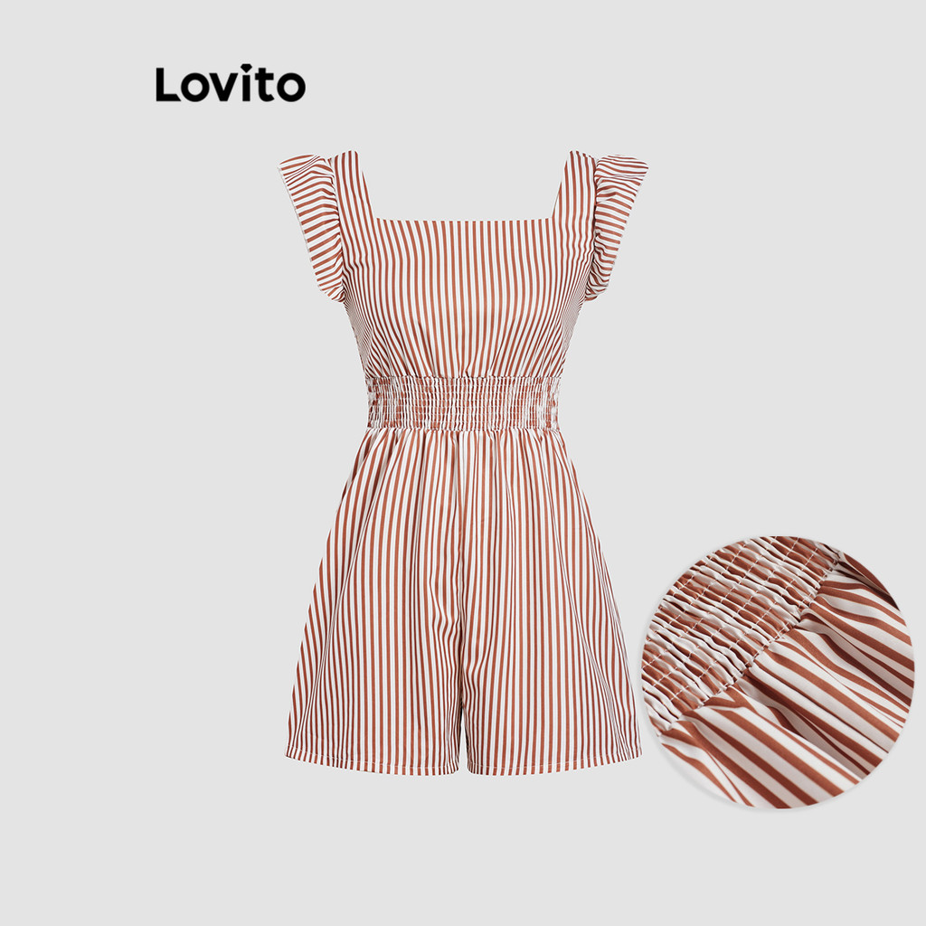 Lovito Macacão casual listrado com padrão de renda para mulheres L116MD061 - Women Clothes