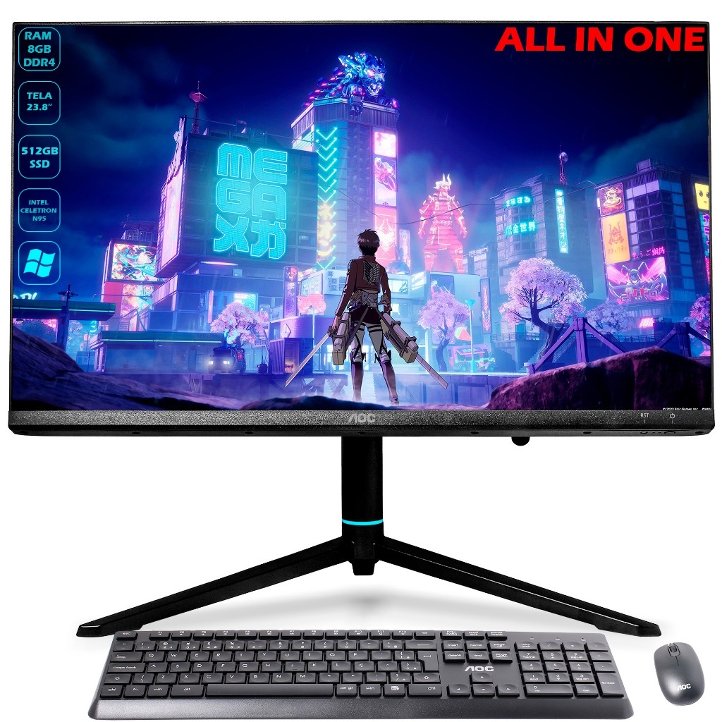 Computador All in One Pc AOC Tela Full HD 23.8'' 8GB DDR4 512GB SSD Intel Celeron N95 Teclado e Mouse