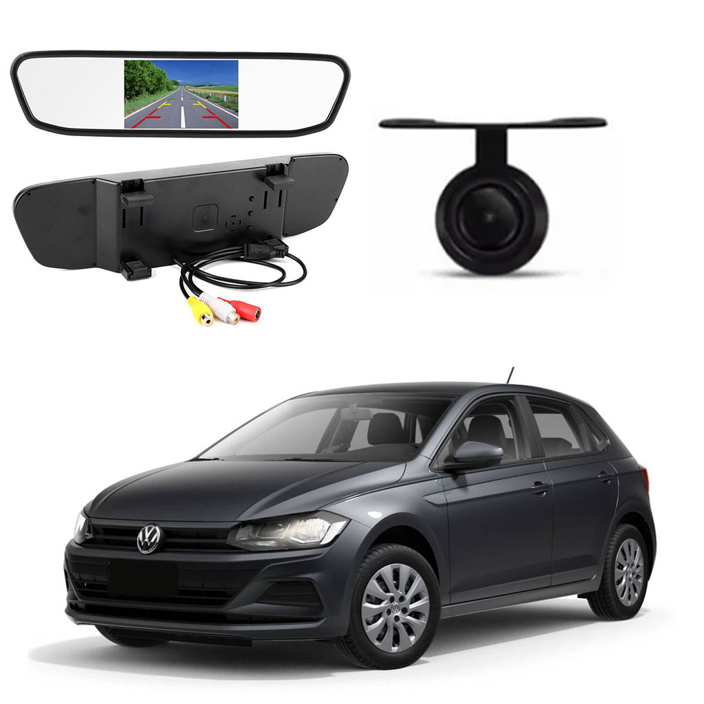 Kit Completo Espelho Retrovisor LCD 4.3 + Câmera de Ré Polo 2016 2017 2018 2019 2020 2021 2022 2023