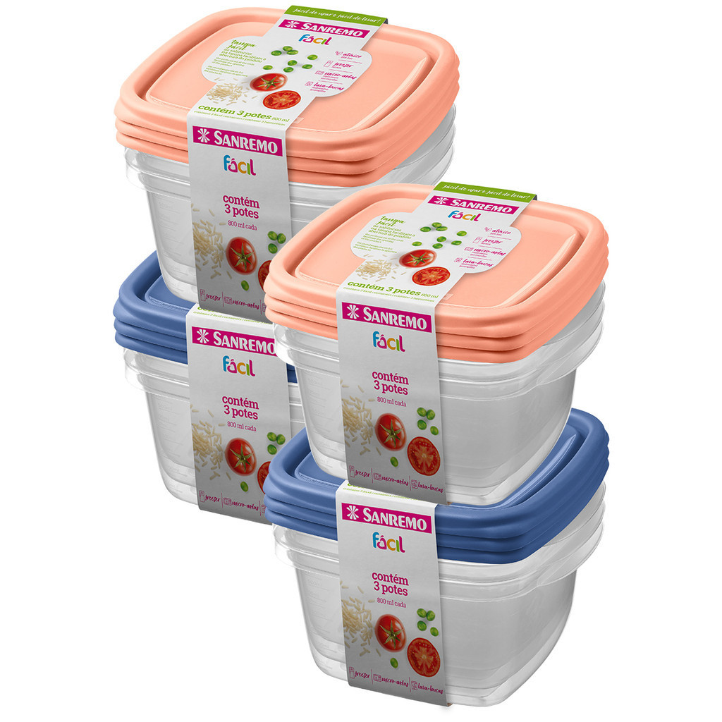 Kit Potes De Plástico Quadrado Com Tampa Hermético 800ml Conjunto Marmita Vasilha Porta Mantimento