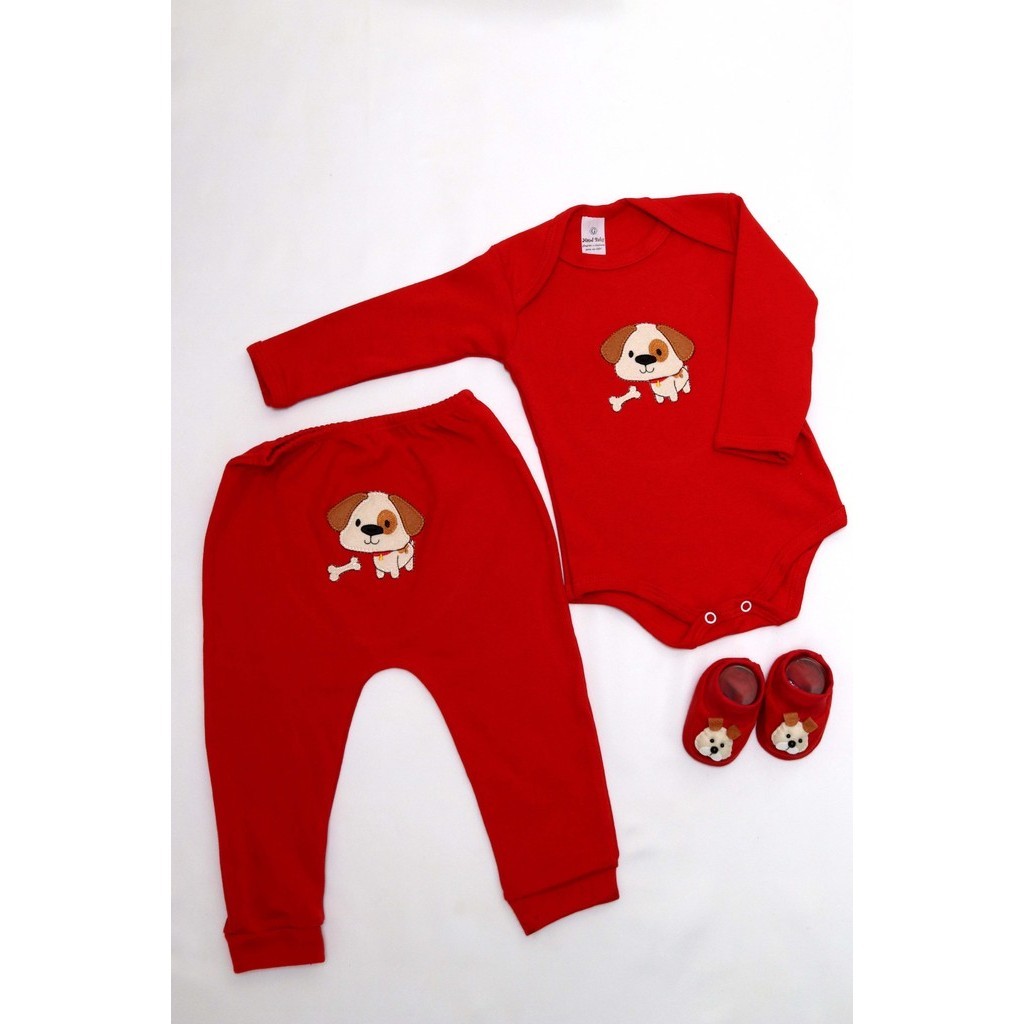 Body Bebê menino Conjunto 3 peças com mijão bordado e sapatinho tema cachorro em Oferta na Shopee