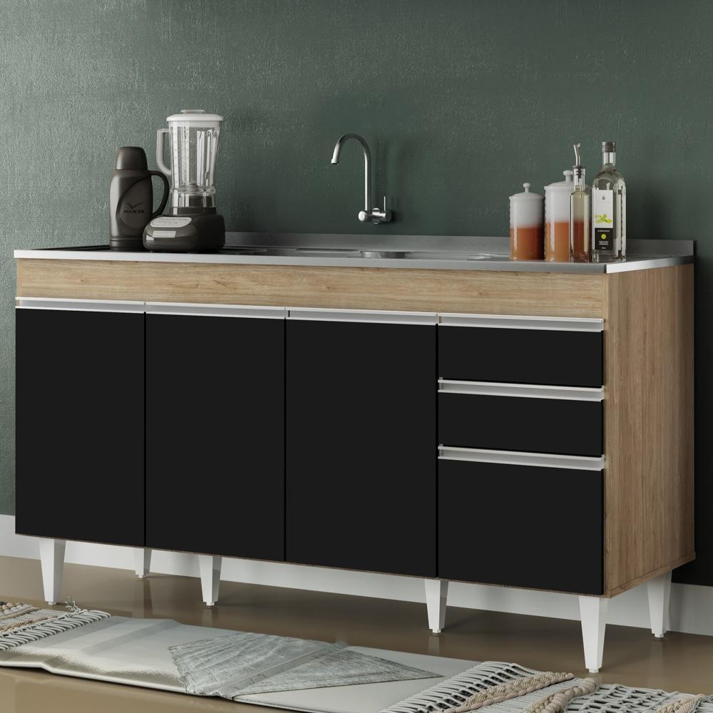 Balcão Gabinete com Pia Inox 150cm Marrocos Castanho/Preto - Lumil em Oferta na Shopee