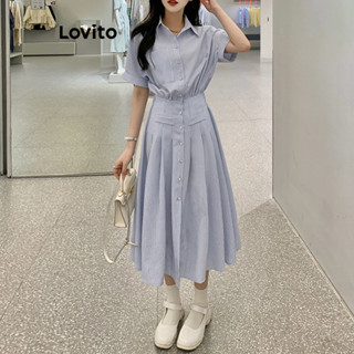 Lovito Vestido Casual Listrado Com Botão Frontal Com Bolso Falso Para Mulheres LNL38095 (Damasco/Azul)