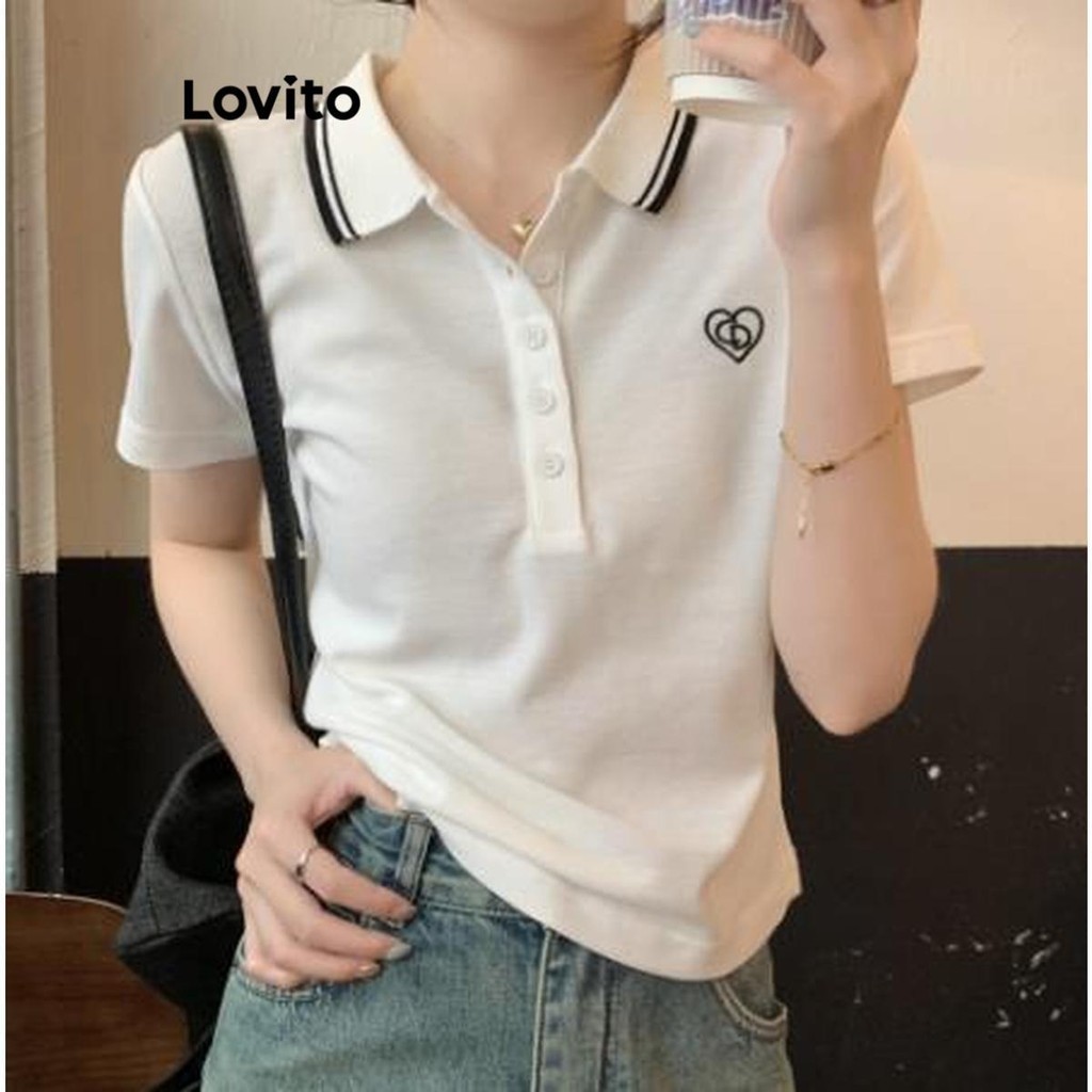 Lovito Casual Camiseta Feminina Lisa com Botão Bordado Acabamento Contrastante LNE42066 - Women Clothes