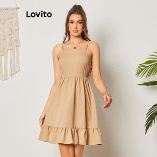 Lovito Boho Vestido Feminino Liso com Costas Abertas Camas e Bainha de Babados LBL08370