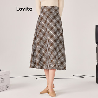 Lovito Elegante Saia Feminina com Estampa Xadrez L71ED098 (Marrom)