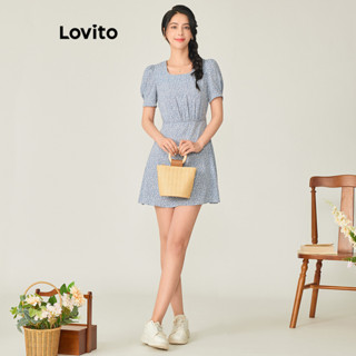Lovito Casual Vestido Feminino Floral Plissado L71ED151 (Azul Claro)