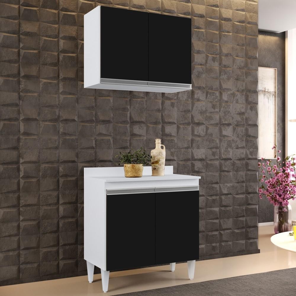 Armário Aéreo Califórnia e Balcão Hawai com Tampo 80cm Branco/Preto - Lumil em Oferta na Shopee