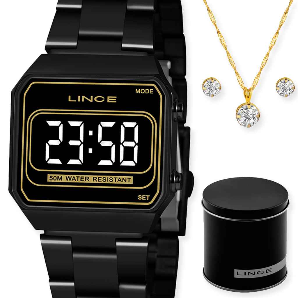 KIT RELÓGIO LINCE FEMININO PRETO QUADRADO LED MDN4644L PXPX em Oferta na Shopee