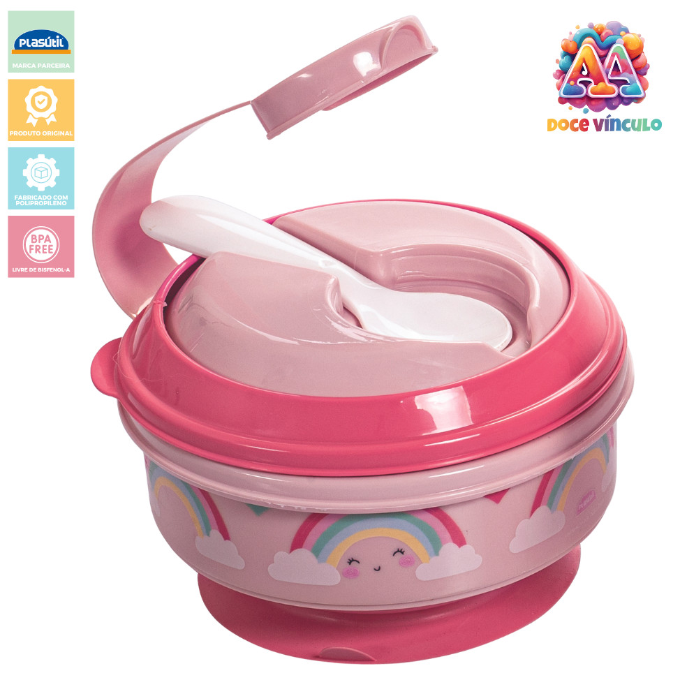Pote Papinha Com Amassador Arco Iris 300ml Colher e Ventosa - Plasutil