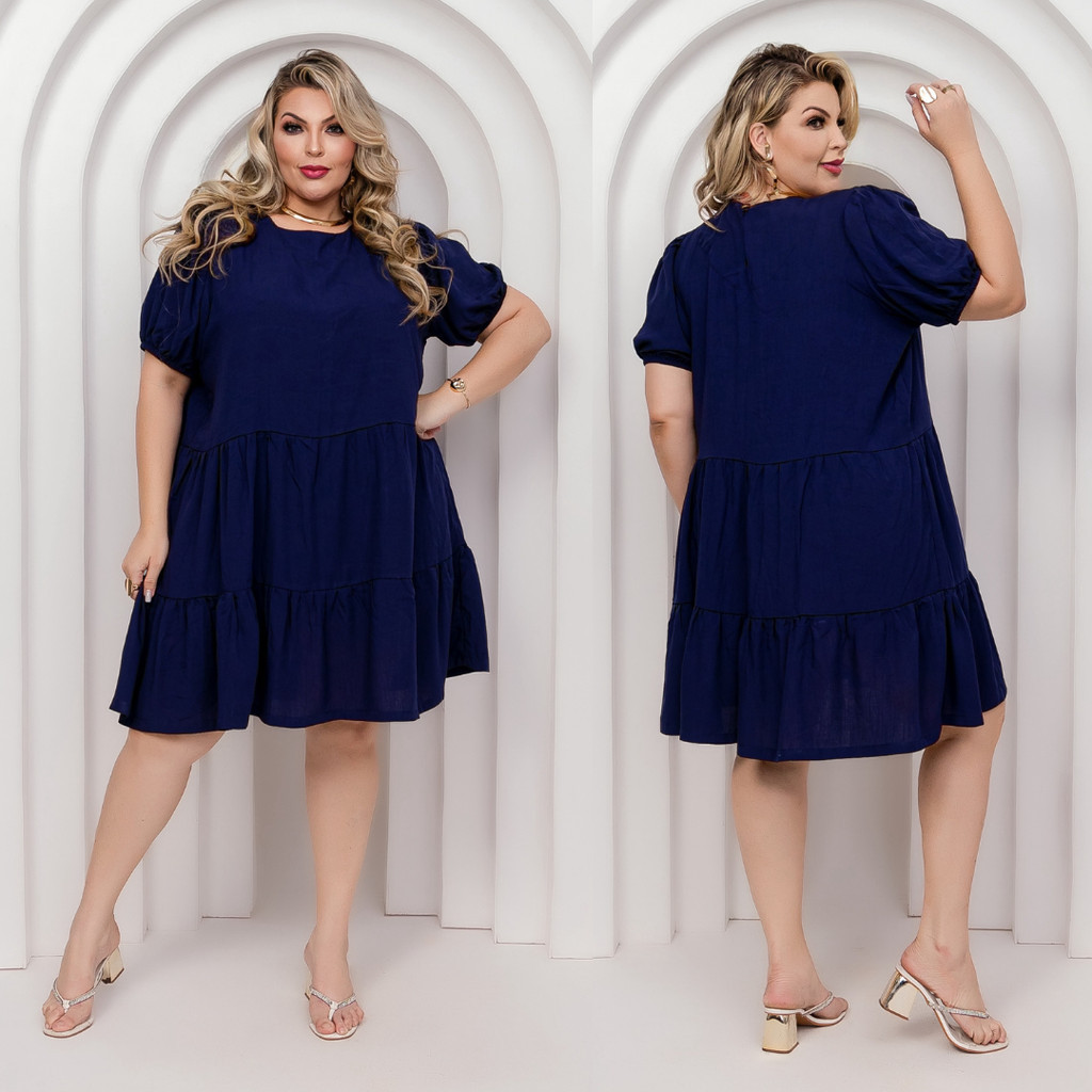 Vestido Plus Size Curto Soltinho Mangas Curtas Babados