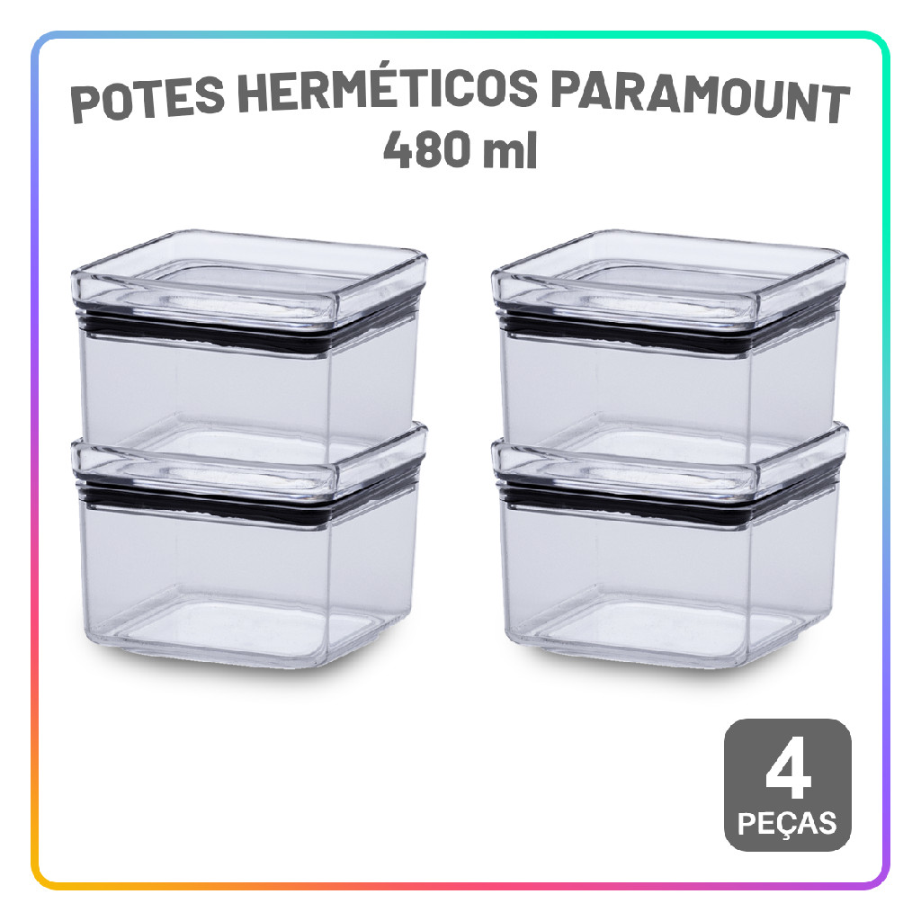 Pote Hermético 4 peças 480 ml Conjunto com tampa de 4 Travas para Mantimentos Marmita - Microondas - Home & Living