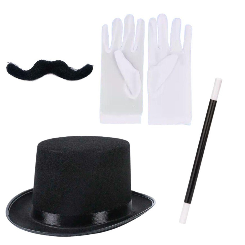 Fantasia Carnaval Adulta Kit Mágico com Cartola Varinha Bigode e Luva
