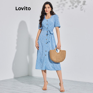 Lovito Vestido Boho Ditsy Floral Com Botão Frontal E Cinto Para Mulheres LBL08171