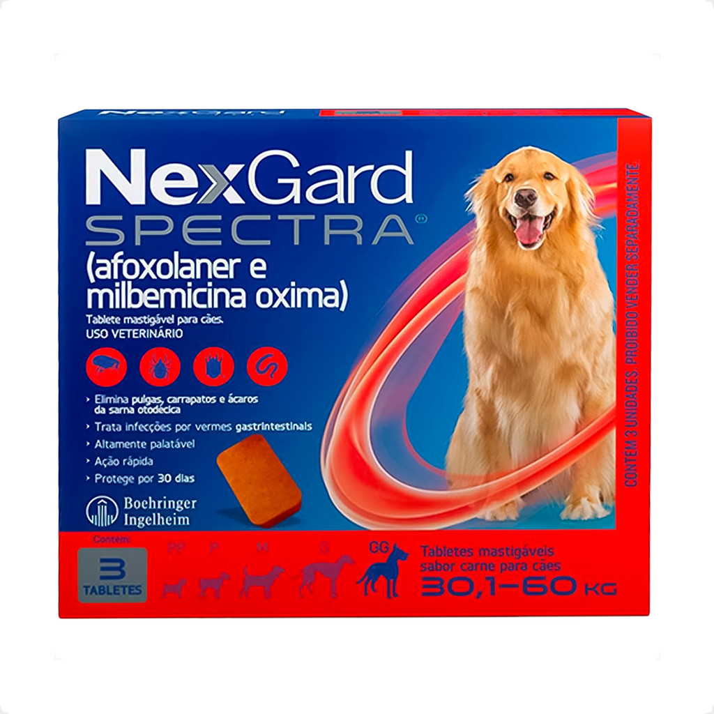 NexGard Spectra para Cães 30,1 a 60kg Antipulgas e Carrapatos - 3 Tabletes - Pets