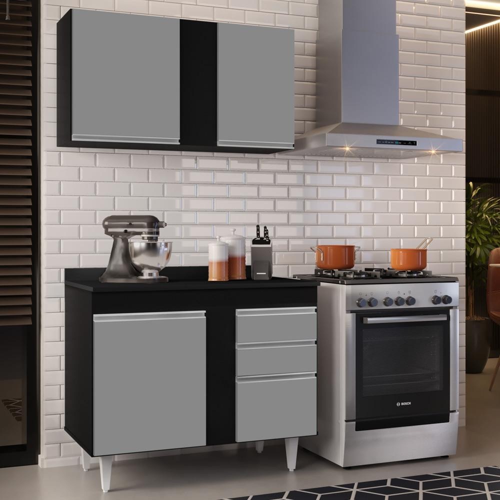 Armário Aéreo Indiana e Balcão Gabinete 100cm Luziania Preto/Cinza - Lumil Móveis em Oferta na Shopee