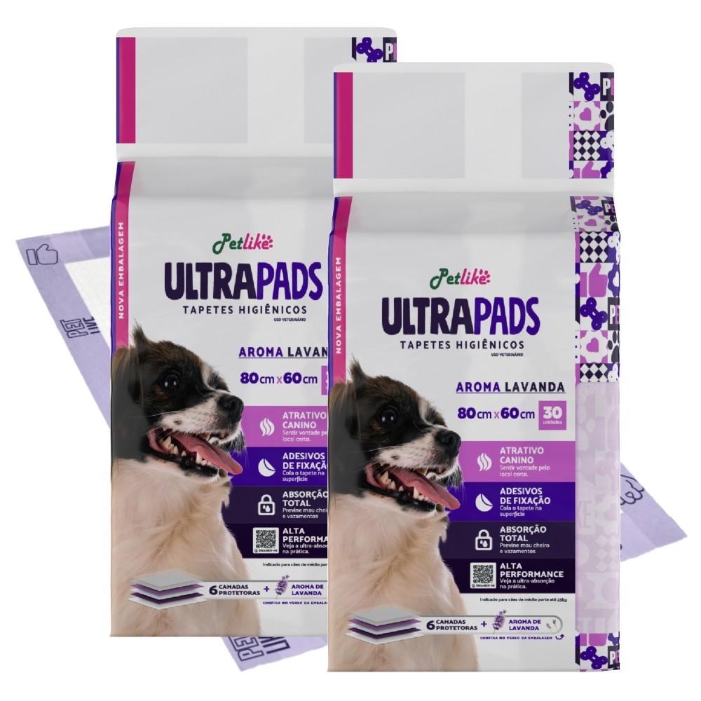 Tapete Higiênico para Cães Ultra Pads 80x60cm c/ 60 un Lavanda Petlike