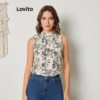 Lovito Regata Feminina Com Botões Plissados De Plantas Casuais LBL08267