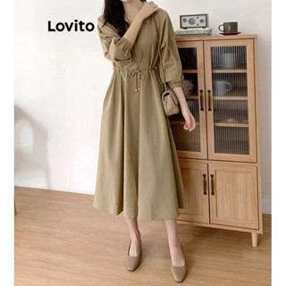 Lovito Vestido Elegante Com Zíper Liso E Renda Para Mulheres LNE36106 (Cáqui Claro/Preto)