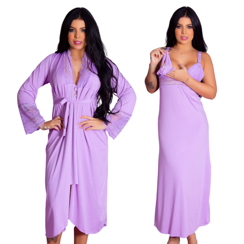 Kit Robe Roupão e Camisola Amamentação Maternidade Confortável Gestante Longos Pós Parto Feminino
