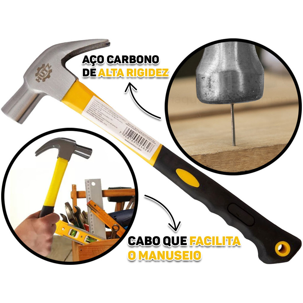 Martelo Tipo Unha Aço Carbono Com Cabo Emborrachado Profissional 28cm Hutz - Home & Living