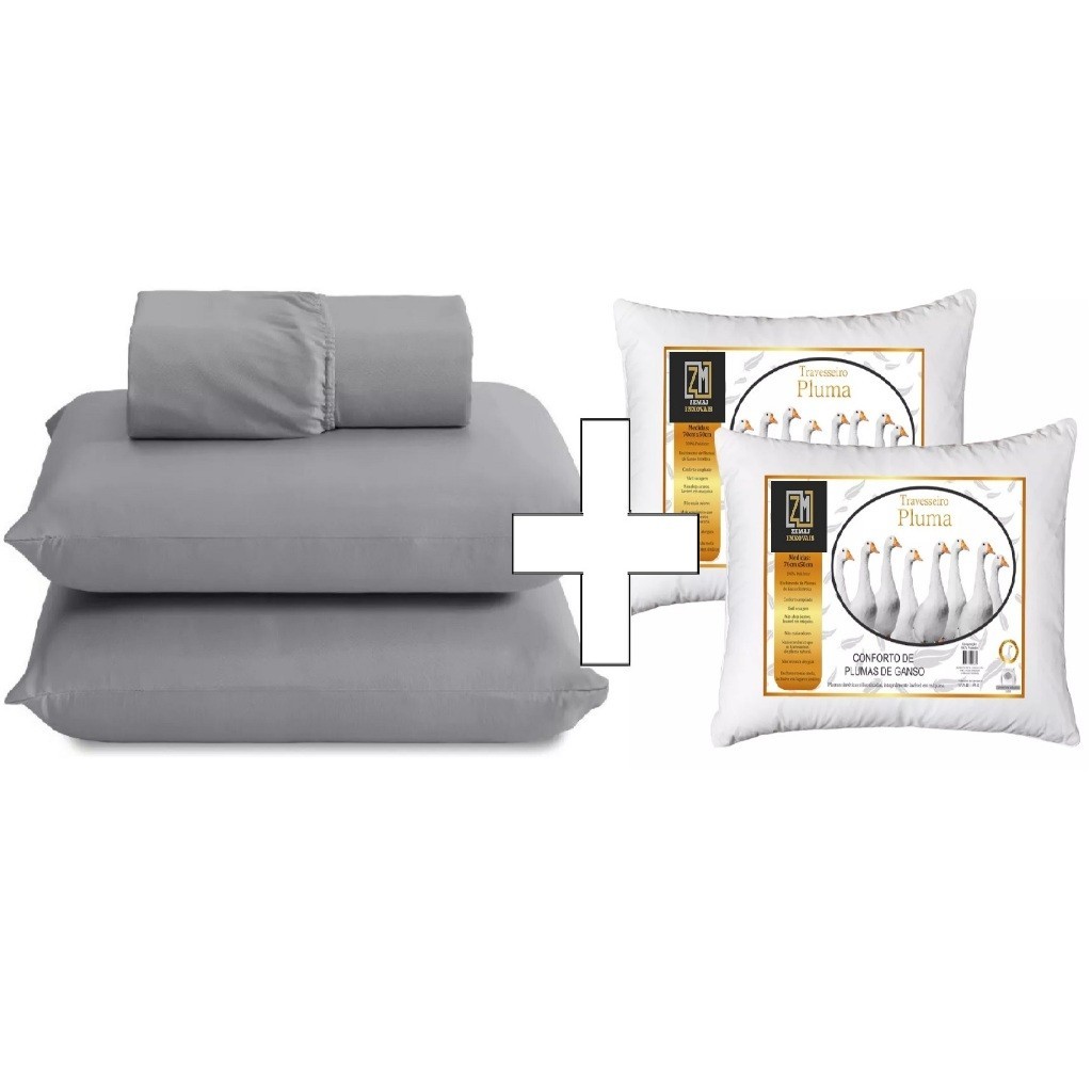 Jogo de Lençol Casal 400 Fios com Elástico + 2 Travesseiros Pluma de Ganso