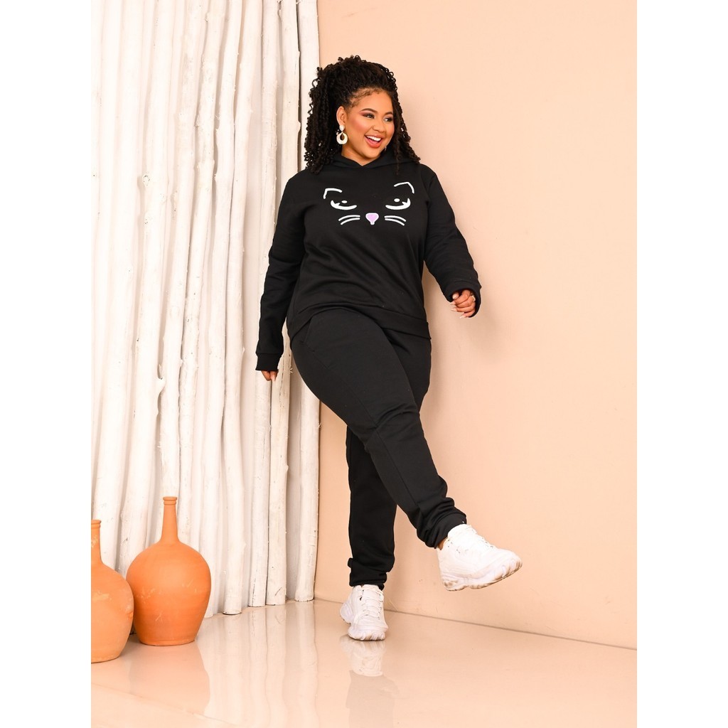 Conjunto Moletom Feminino Plus Size Flanelado Com Capuz e Bolso na Calça Estampa De Gato
