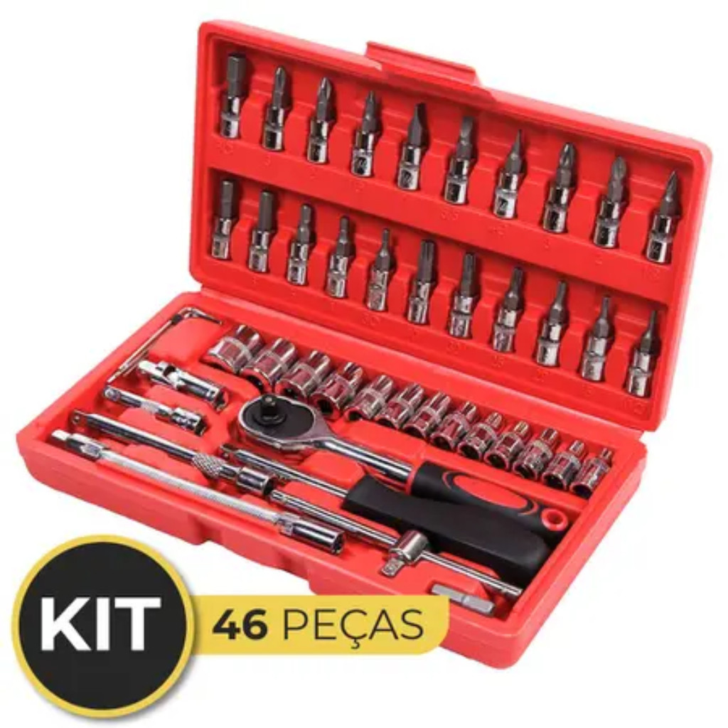 Kit Jogo De 46 Peças Com Chaves de Ferramentas Soquetes Aço CR-V + Maleta de Transporte LOJA AT UTILIDADES
