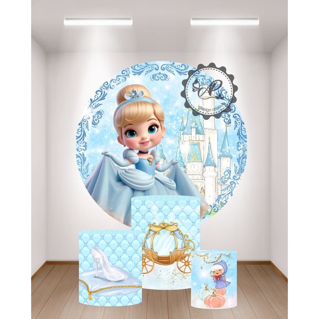 Painel de festa redondo 1,50m + Trio de capas cilindros CINDERELA em Oferta na Shopee