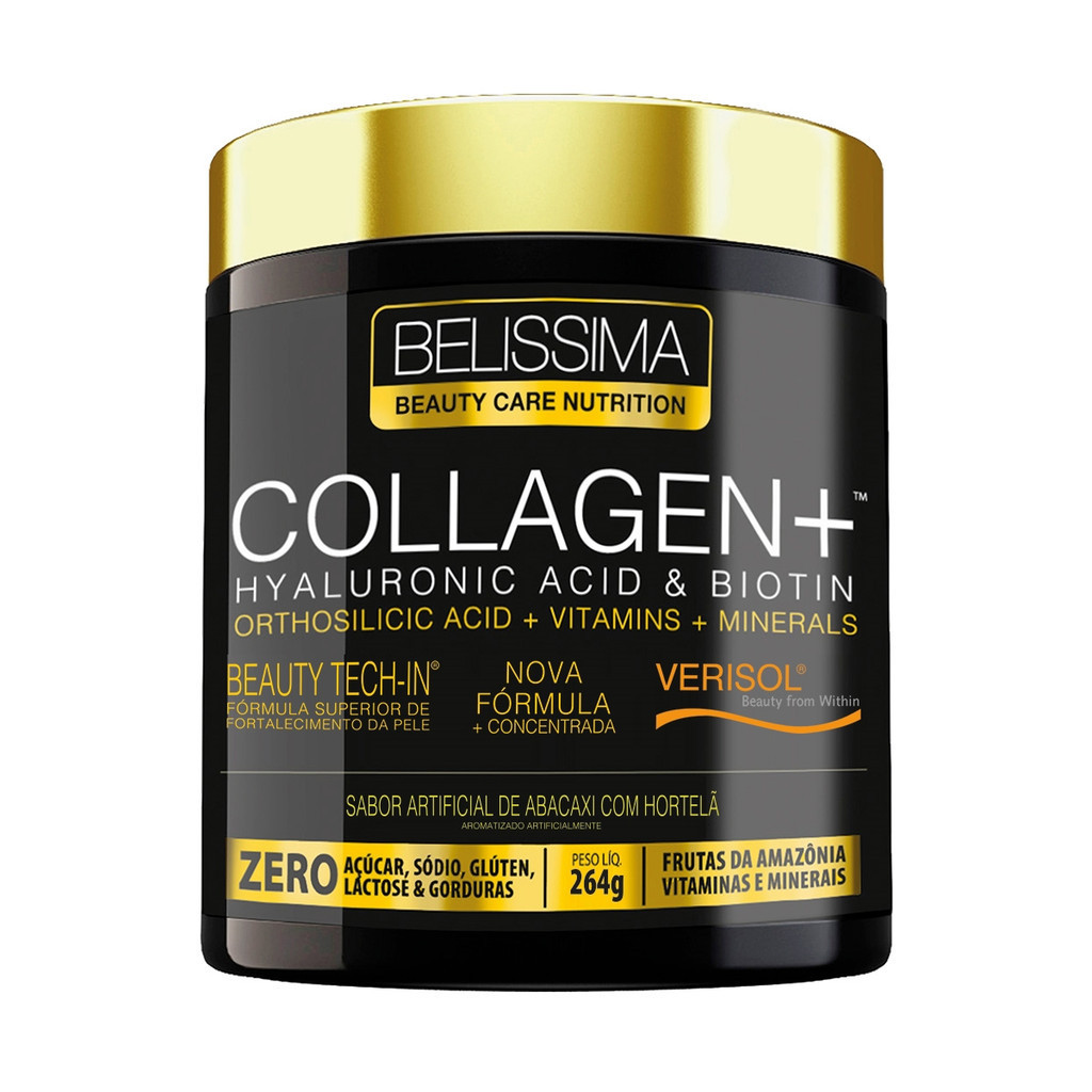 Colageno Verisol Acido Hialuronico c/ vitaminas Collagen Plus 264g - Belissima - Black Skull em Oferta na Shopee