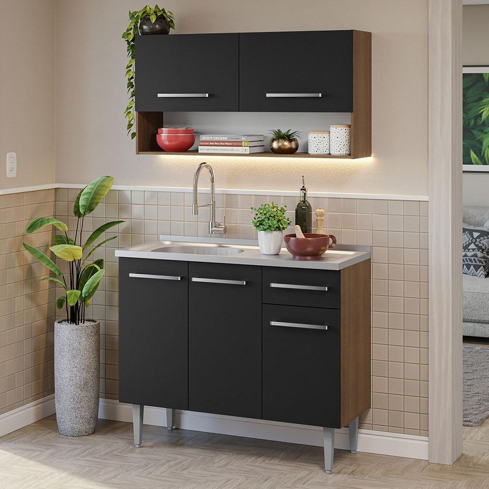 Armário de Cozinha Compacta 105cm com Pia Rustic/Preto Emilly Madesa 04 em Oferta na Shopee