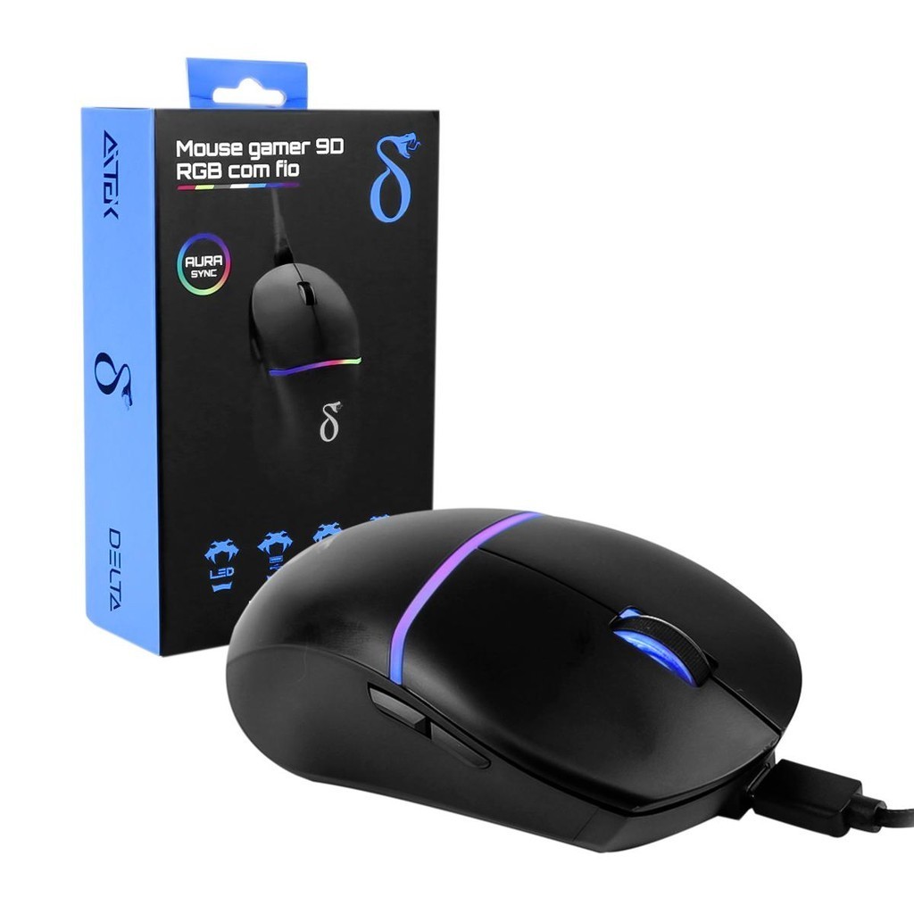 Mouse Gamer 9D Notebook Laptop PC Led RGB USB Aura Sync 12800 dpi 9 Botões com Fio