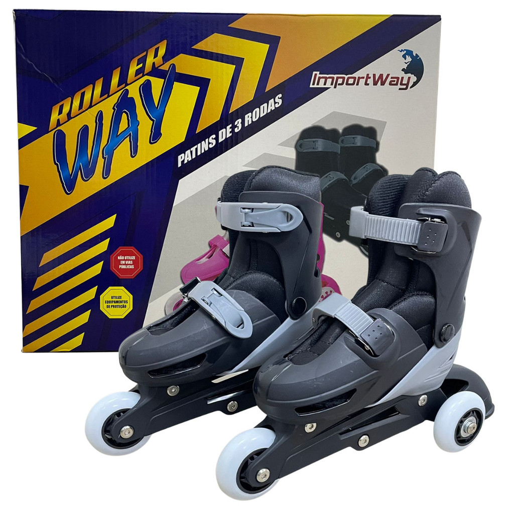 Patins 2 em 1 Tri Line In Line Preto Tamanho Ajustável 27 a 30 Importway