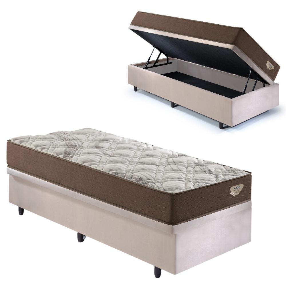 Base Box Baú 88x188 Suede Bege com Colchão Relax Adorabile